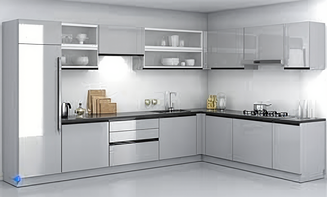 مطبخ المنيوم كلاسيك رمادي فاتح مع رخام اسود